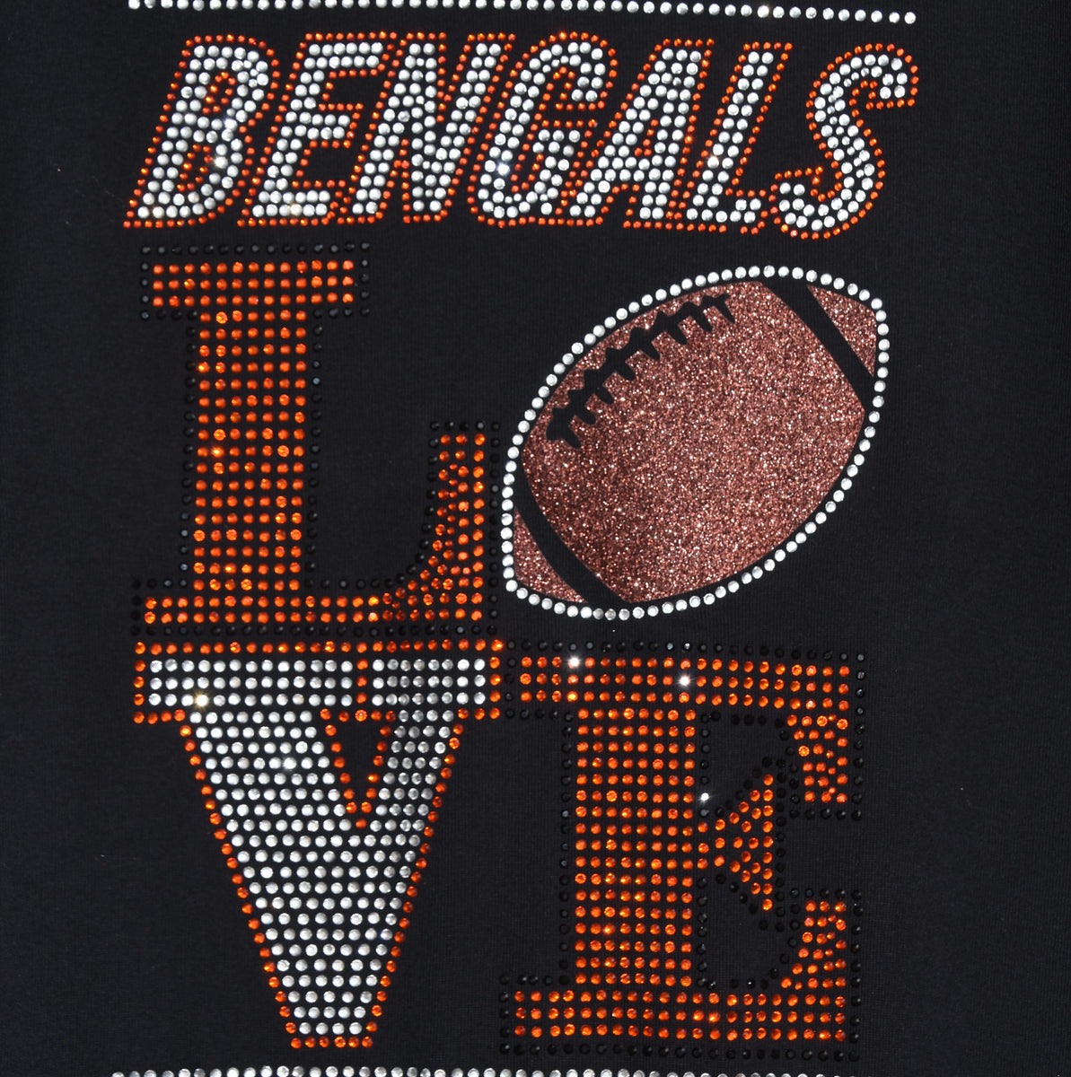 Carolina Bling Queen Bengals Rhinestone & Glitter Bling Football Shirt, All Sizes XS, S, M, L, XL, XXL, 1X, 2X, 3X, 4X, 5X Real Women Love Football 3X / Black / Short