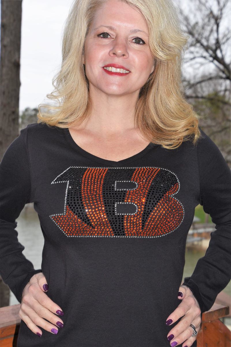 Women's Cincinnati Bengals Football Ladies Bling V-neck Shirt Size S-4XL