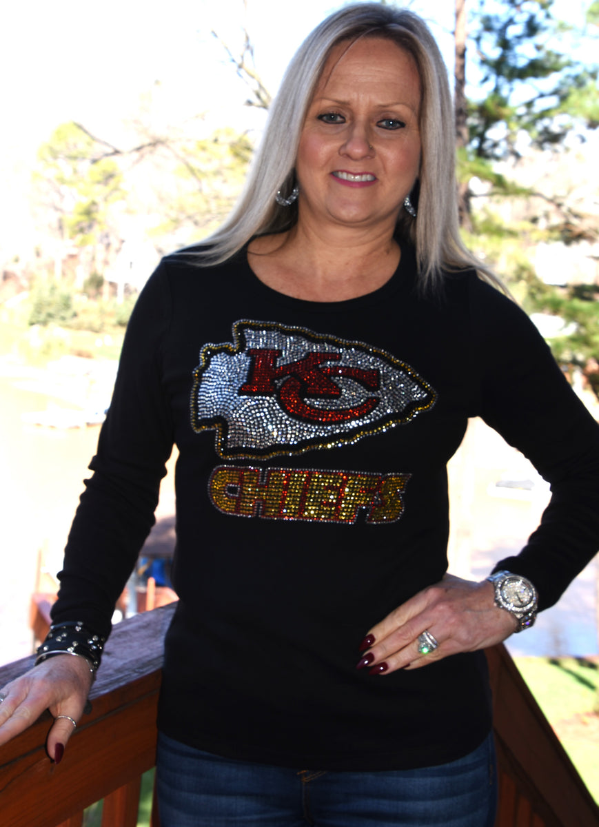 Carolina Bling Queen Chiefs Rhinestone Bling Football Helmet Shirt or Tank Top XS, S, M, L, XL, XXL, 1X, 2X, 3X, 4X, 5X 3X / Black / Sleeveless Shirt