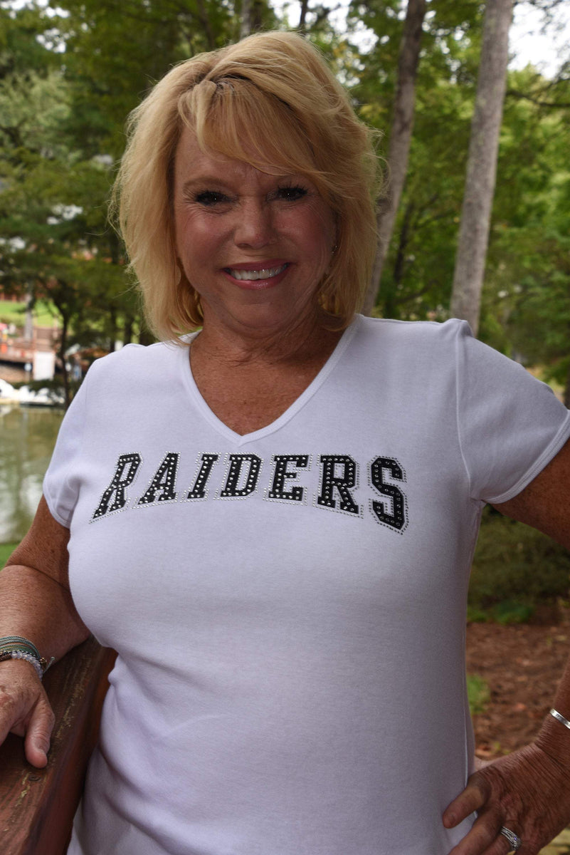 Carolina Bling Queen Raiders Football Love Rhinestone & Glitter Bling Shirt or Sleeveless Tank Top XS, S, M, L, XL, XXL, 1X, 2X, 3X, 4X, 5X L / White / Short Sleeve Round