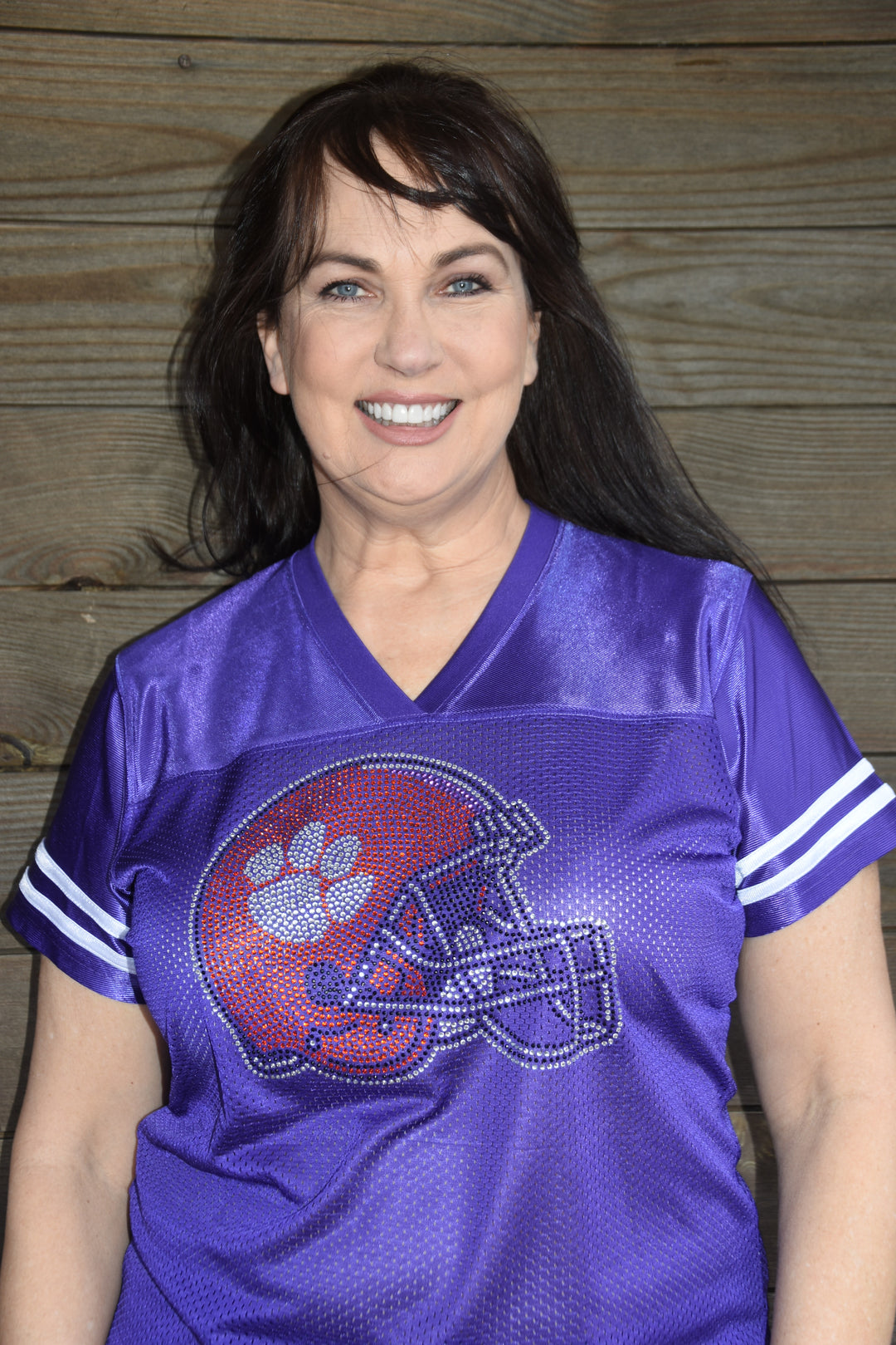 clemson football helmet and jersey Clemson University rhinestone bling jersey XS, S, M, L, XL, XXL, 3X, 4X 3X / purple with White stripes / Front Design Only