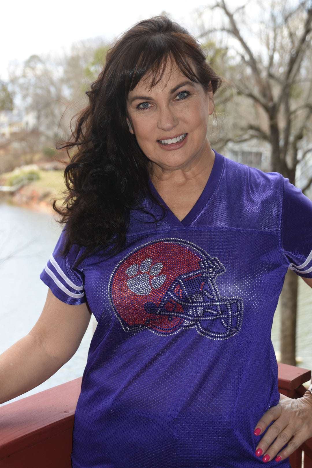 clemson football purple helmet Clemson University rhinestone bling jersey XS, S, M, L, XL, XXL, 3X, 4X 3X / purple with White stripes / Front Design Only