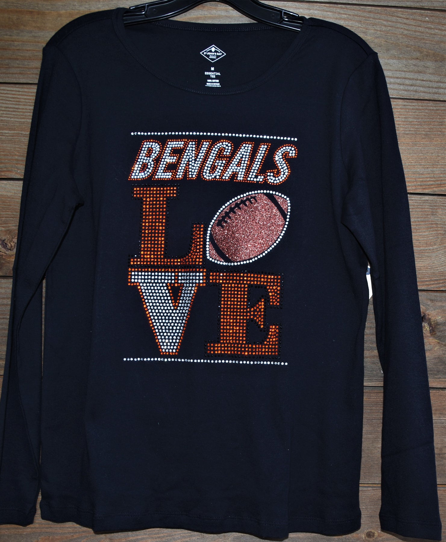 Carolina Bling Queen Bengals Football Love Rhinestone & Glitter Bling Football Shirt, All Sizes XS, S, M, L, XL, XXL, 1X, 2X, 3X, 4X, 5X 2x / White / Long Sleeve Vneck