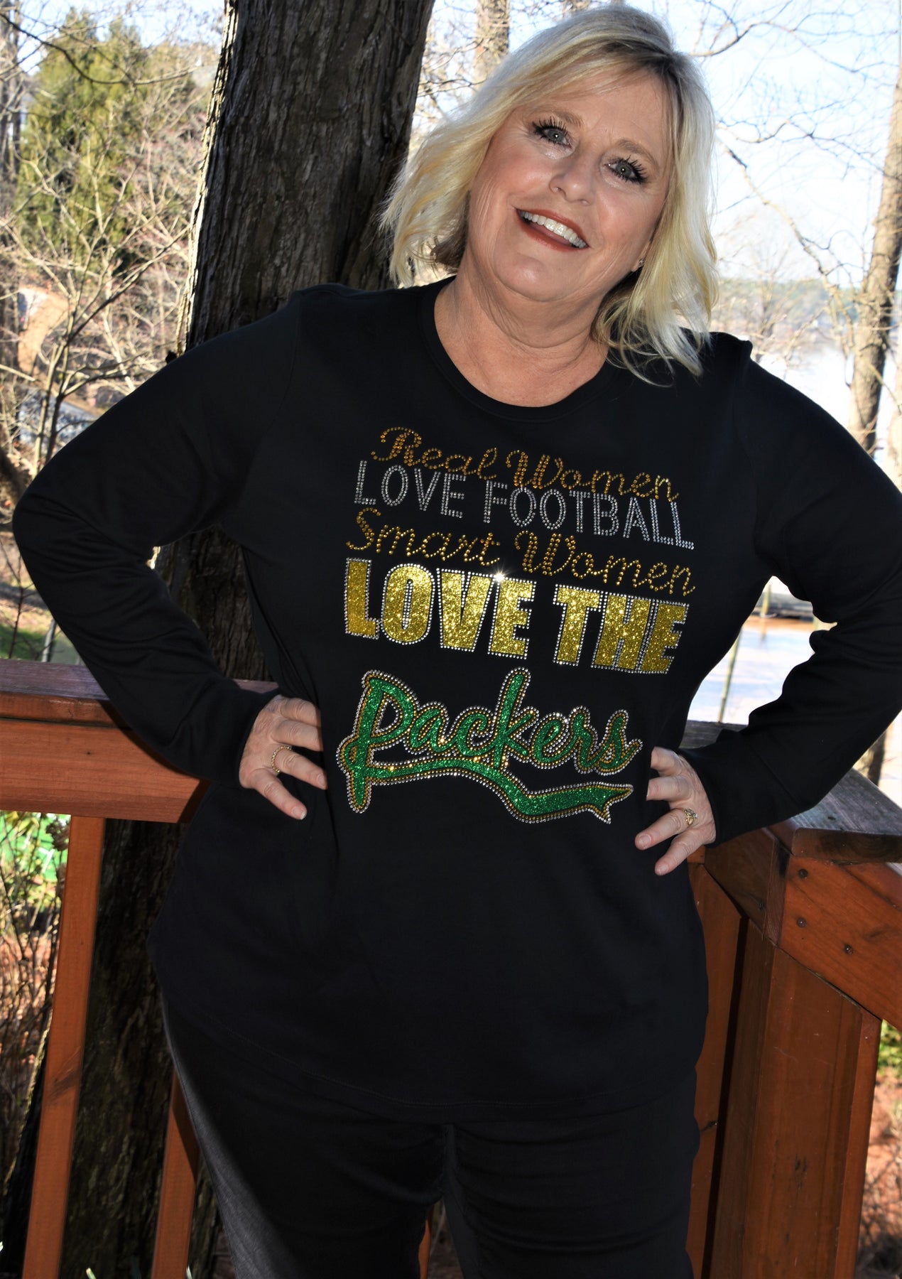 Packers Real Women Love Fooball rhinestone & glitter bling shirt, all sizes  XS, S, M, L, XL, XXL, 1X, 2X, 3X, 4X, 5X