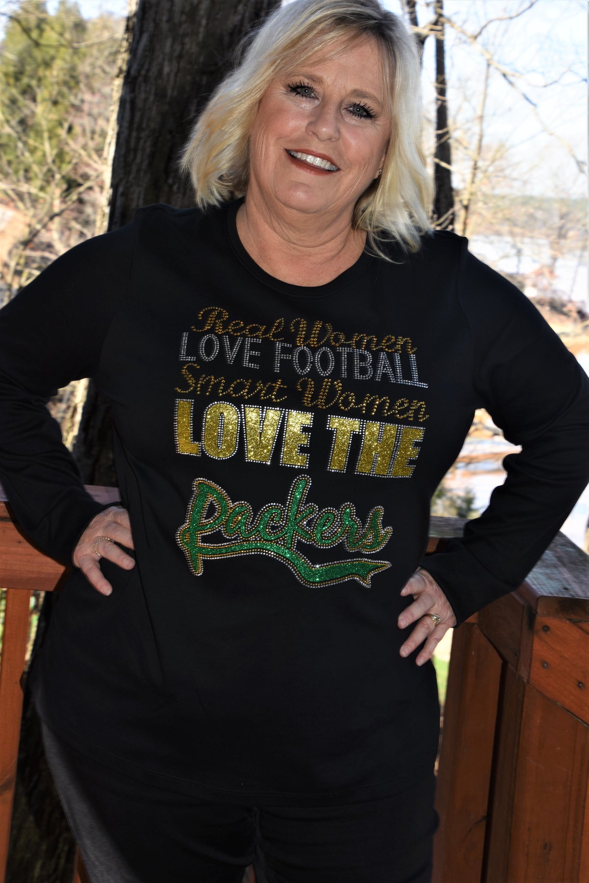 Carolina Bling Queen Packers Real Women Love Fooball Rhinestone & Glitter Bling Shirt, All Sizes XS, S, M, L, XL, XXL, 1X, 2X, 3X, 4X, 5X 3X / Black / Short Sleeve Vneck