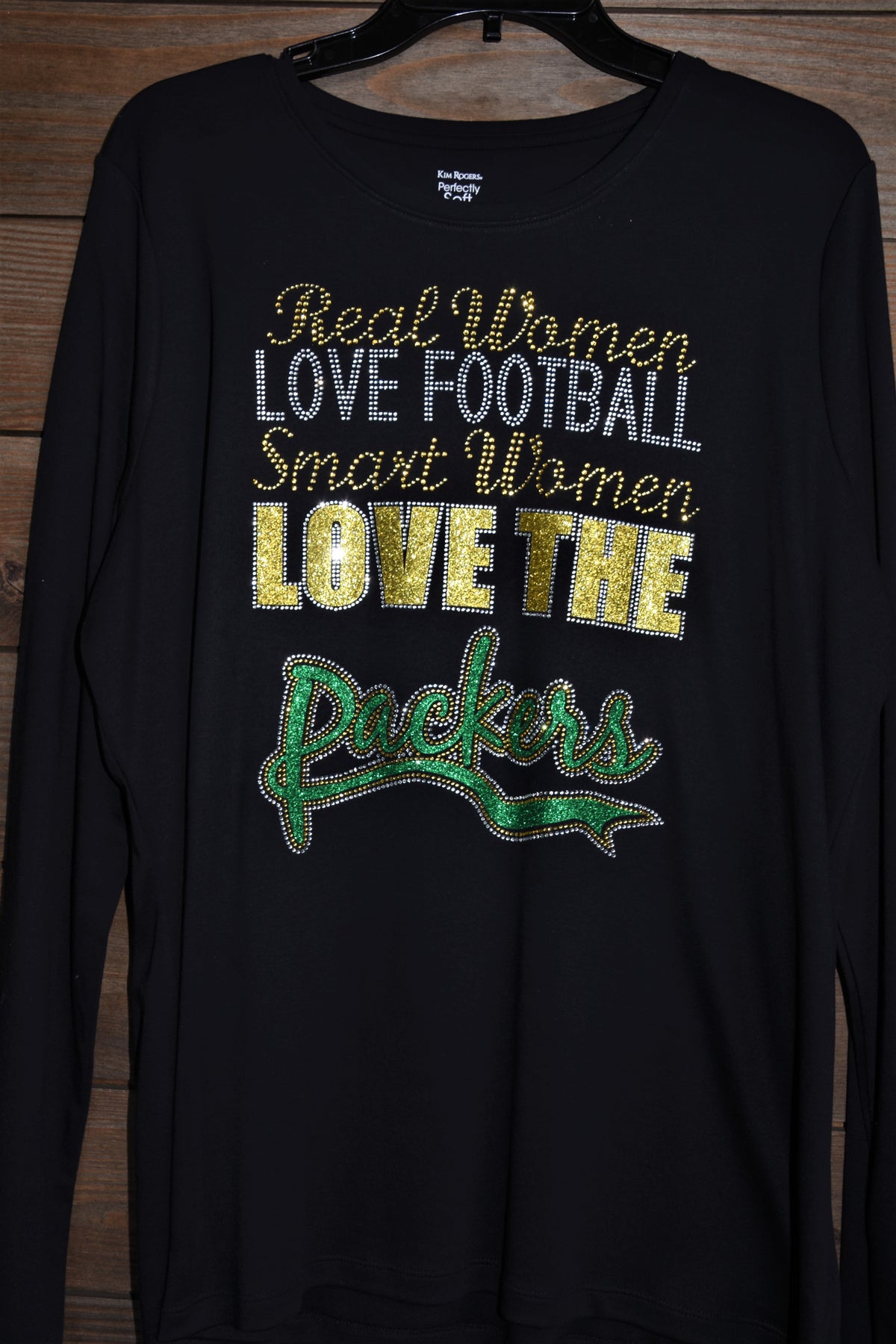 Packers Real Women Love Fooball rhinestone & glitter bling shirt, all sizes  XS, S, M, L, XL, XXL, 1X, 2X, 3X, 4X, 5X